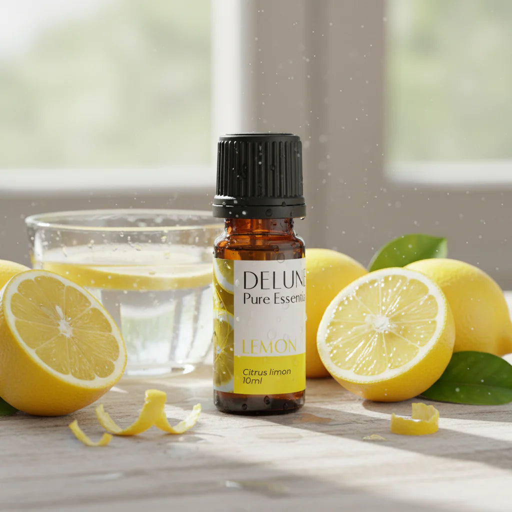 Lemon Pure Essential Oil 10ml bottle, known for its citrusy scent and uplifting properties, ideal for mood boosting and cleansing.