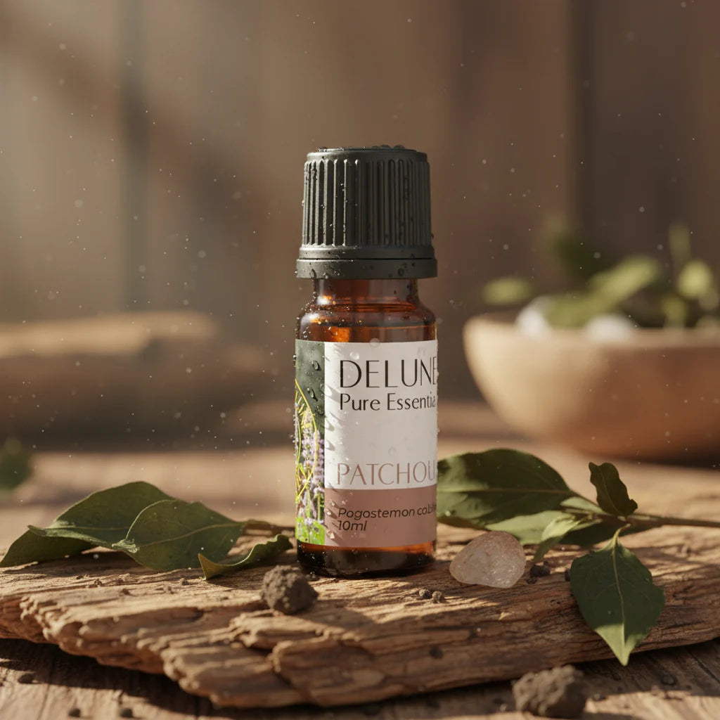 Patchouli Pure Essential Oil bottle with earthy aroma, calming properties, and natural insect-repellent benefits. 10ml size.