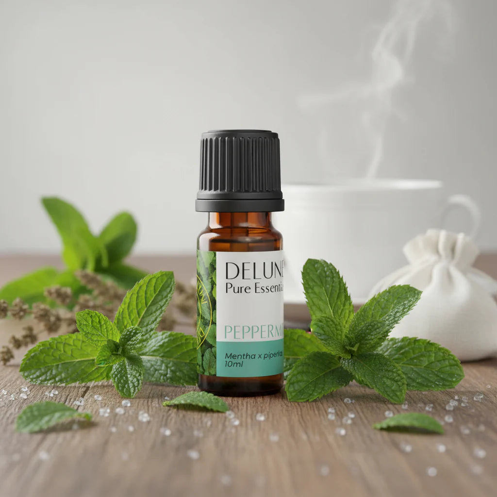 Peppermint Pure Essential Oil bottle showcasing cooling properties for respiratory support and muscle relief. 10ml size.