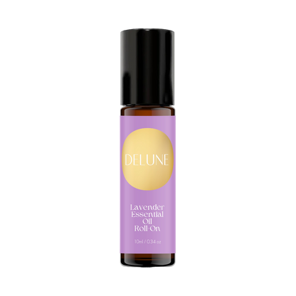 Lavender Essential Oil Roll-On bottle with calming floral fragrance for relaxation, infused with Fractionated Coconut Oil.