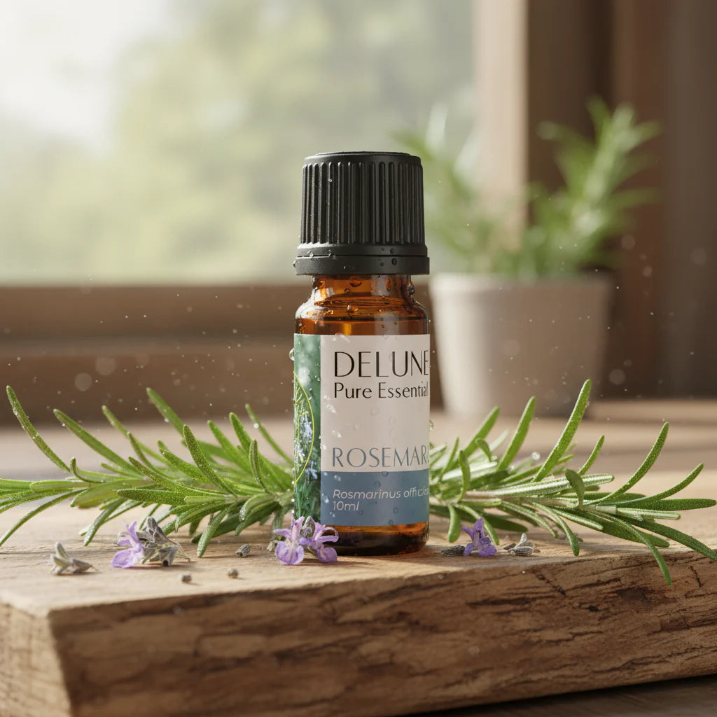 Delune Rosemary Pure Essential Oil bottle and box, 10ml, enhances focus and clarity, ideal for aromatherapy and wellness.