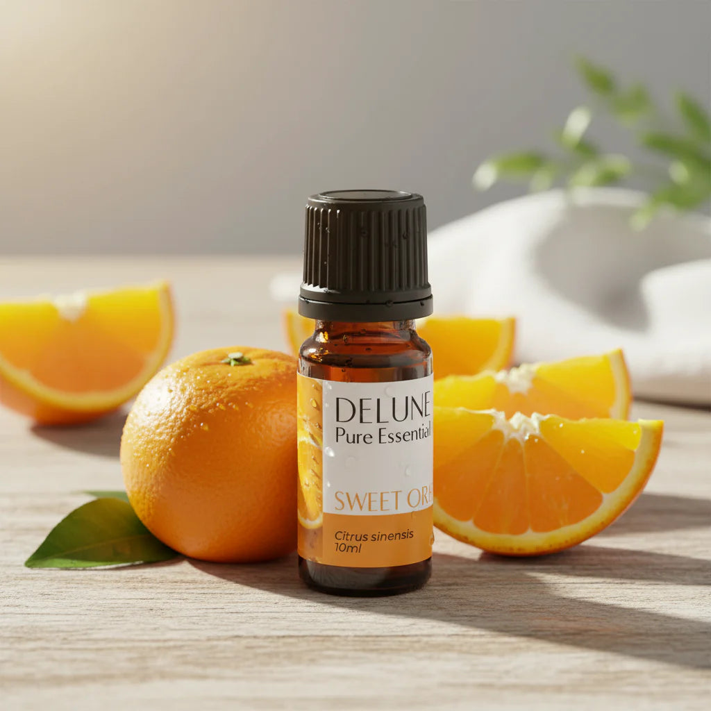 Delune Sweet Orange Pure Essential Oil 10ml bottle and box, uplifting citrus scent for wellness and skin benefits.
