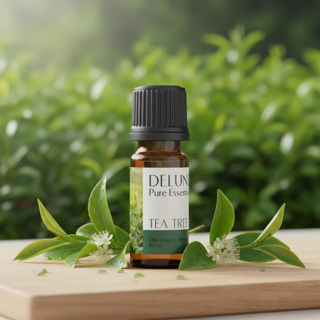 Tea Tree Pure Essential Oil bottle for acne treatment, inflammation relief, and immune support.
