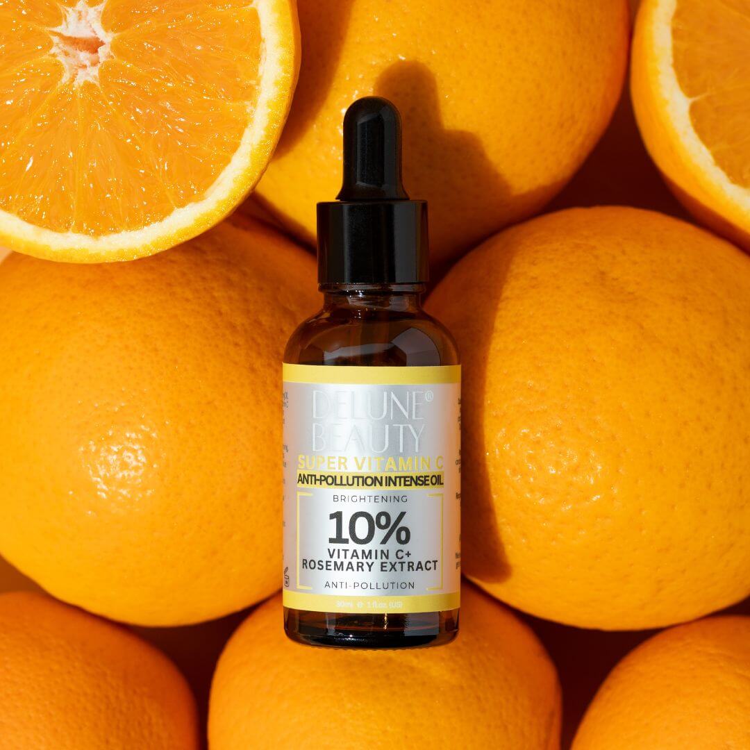 Delune Super 10% Vitamin C Brightening Oil with oranges, combats pollution and dark spots for radiant skin.
