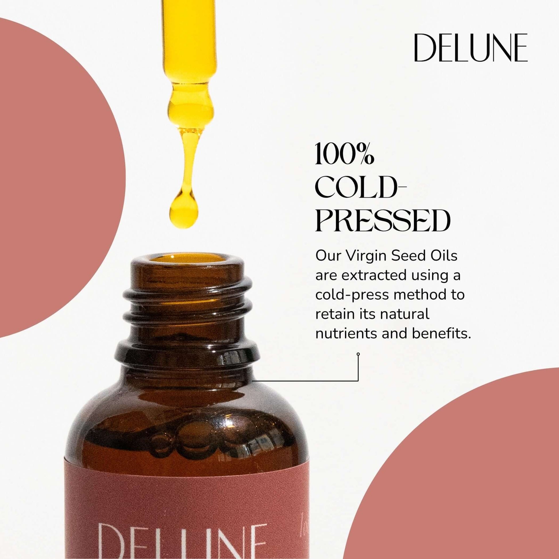Delune's Virgin Broccoli Seed Oil, 100% cold-pressed for natural shine and skincare benefits, in a brown bottle.