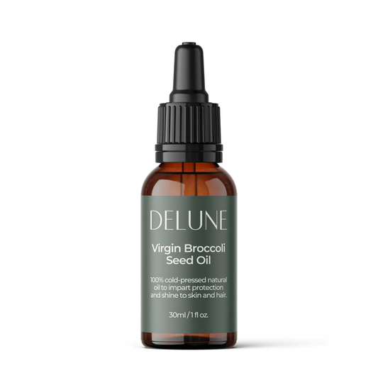 Delune Virgin Broccoli Seed Oil bottle for skin and hair protection, 100% cold-pressed natural oil for shine and absorption, 30ml.