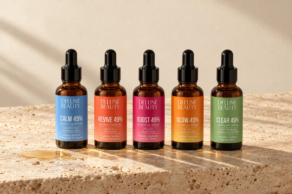 The five Delune 49% oil serums, Calm, Revive, Boost, Glow and Clear, lined up on a sunlit travertine slab