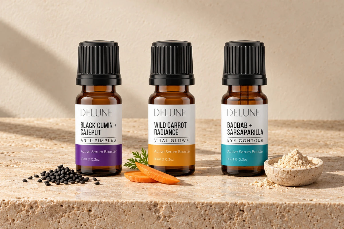 Delune Black Cumin + Cajeput, Wild Carrot and Baobab + Sarsaparilla Active Serum Boosters on sunlit travertine with their botanicals