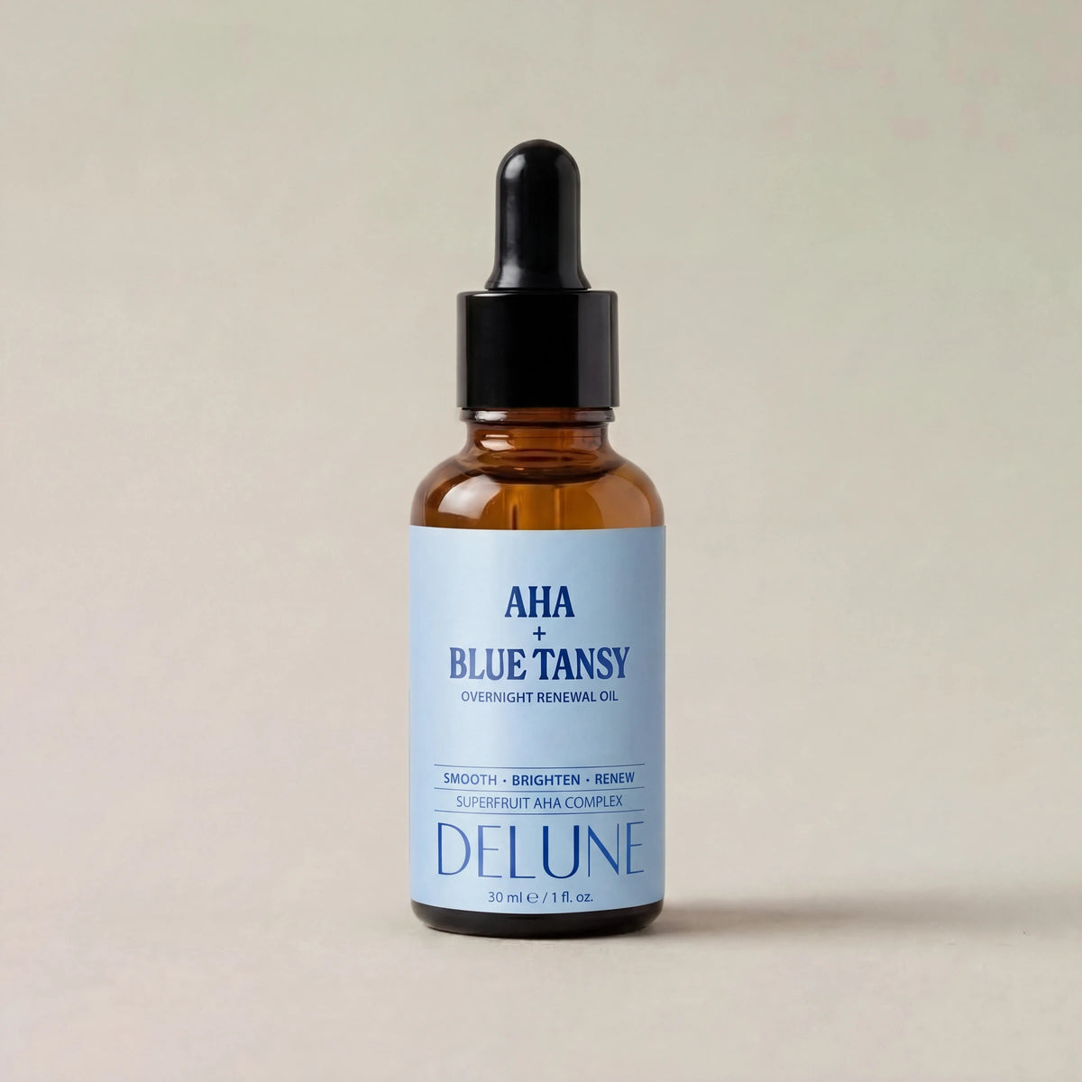 Face oil UAE – Delune Dubai AHA + Blue Tansy Overnight Renewal Oil studio packshot