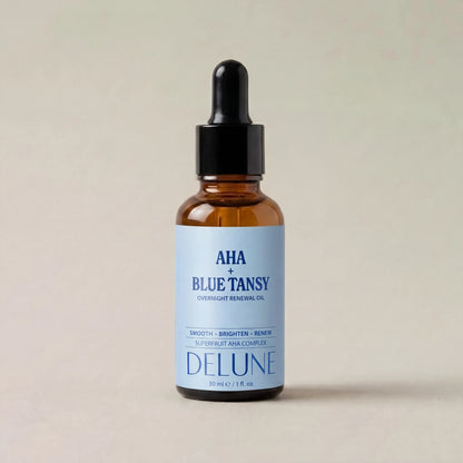 Face oil UAE – Delune Dubai AHA + Blue Tansy Overnight Renewal Oil studio packshot