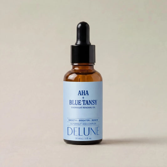 Face oil UAE – Delune Dubai AHA + Blue Tansy Overnight Renewal Oil studio packshot
