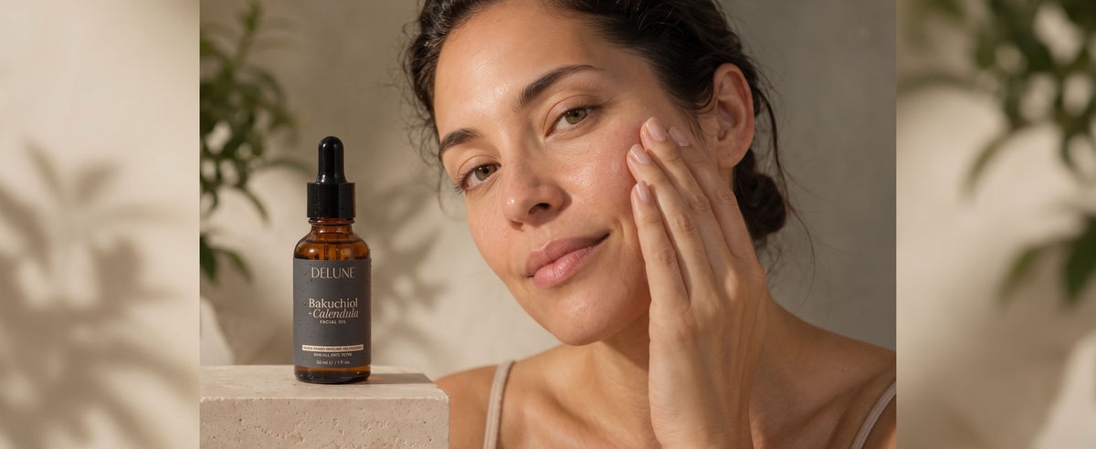 Woman pressing facial oil into skin beside Delune Bakuchiol and Calendula Facial Oil