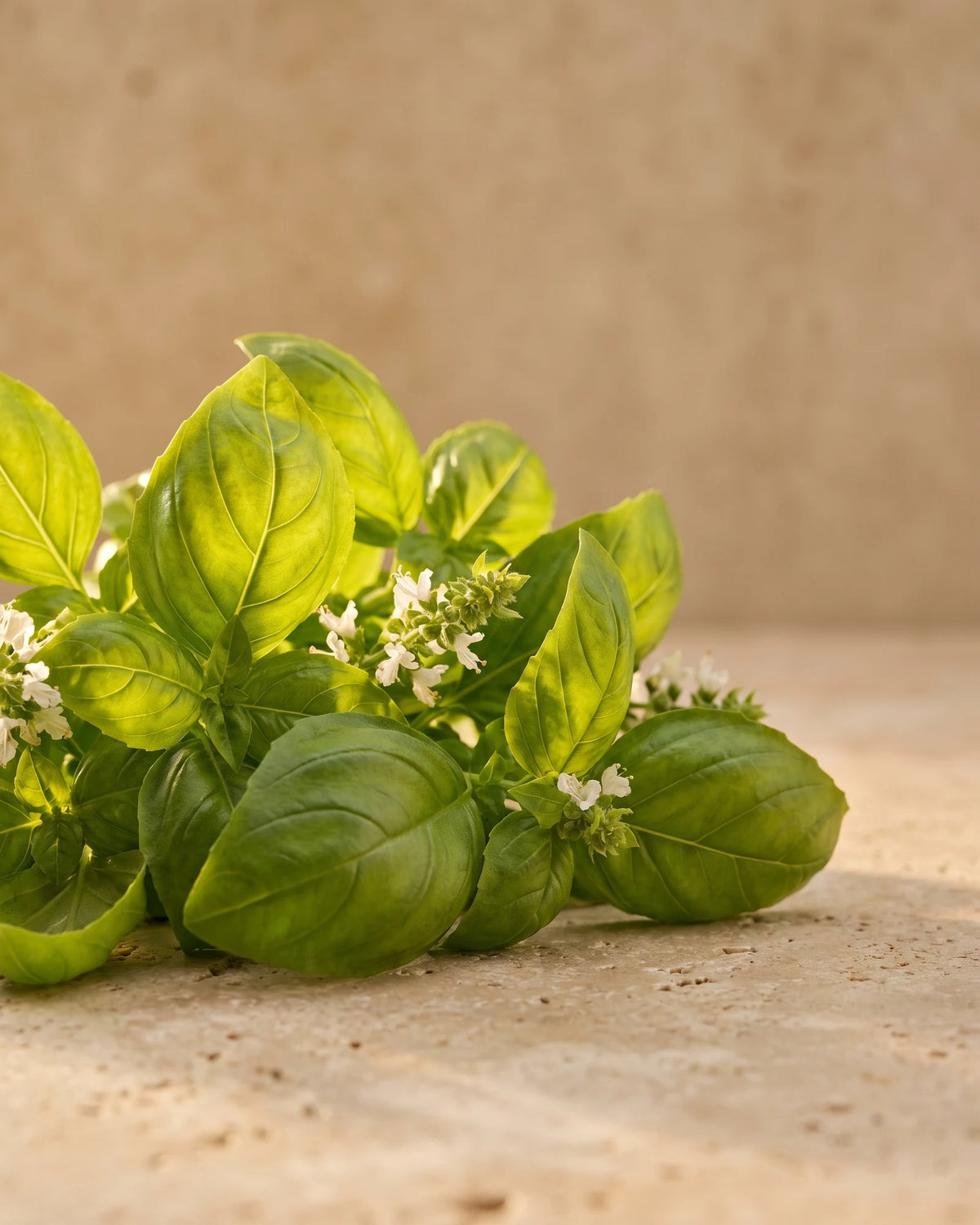A lush bunch of fresh basil leaves backlit by warm sunlight — the sweet, peppery herbal scent of Delune Basil Pure Essential Oil