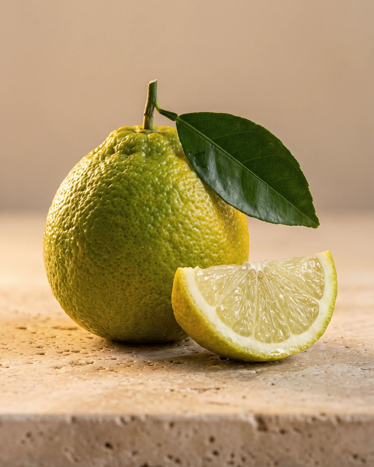 Bergamot essential oil UAE – Delune Dubai: a whole bergamot with its leaf beside a juicy cut wedge on warm travertine