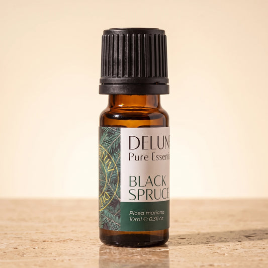Delune Black Spruce Pure Essential Oil, 10ml amber glass bottle on warm travertine stone