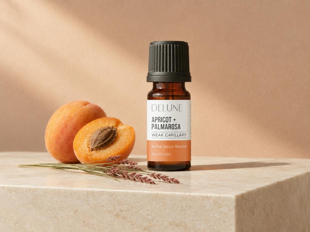 Apricot + Palmarosa Active Serum Booster on travertine with apricots and palmarosa grass