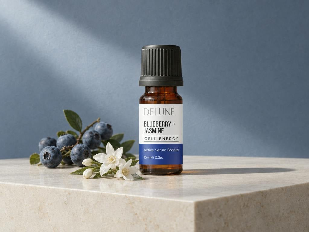 Blueberry + Jasmine Active Serum Booster on travertine with blueberries and jasmine blossom