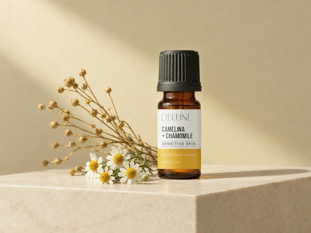 Camelina + Chamomile Active Serum Booster on travertine with camelina and chamomile flowers