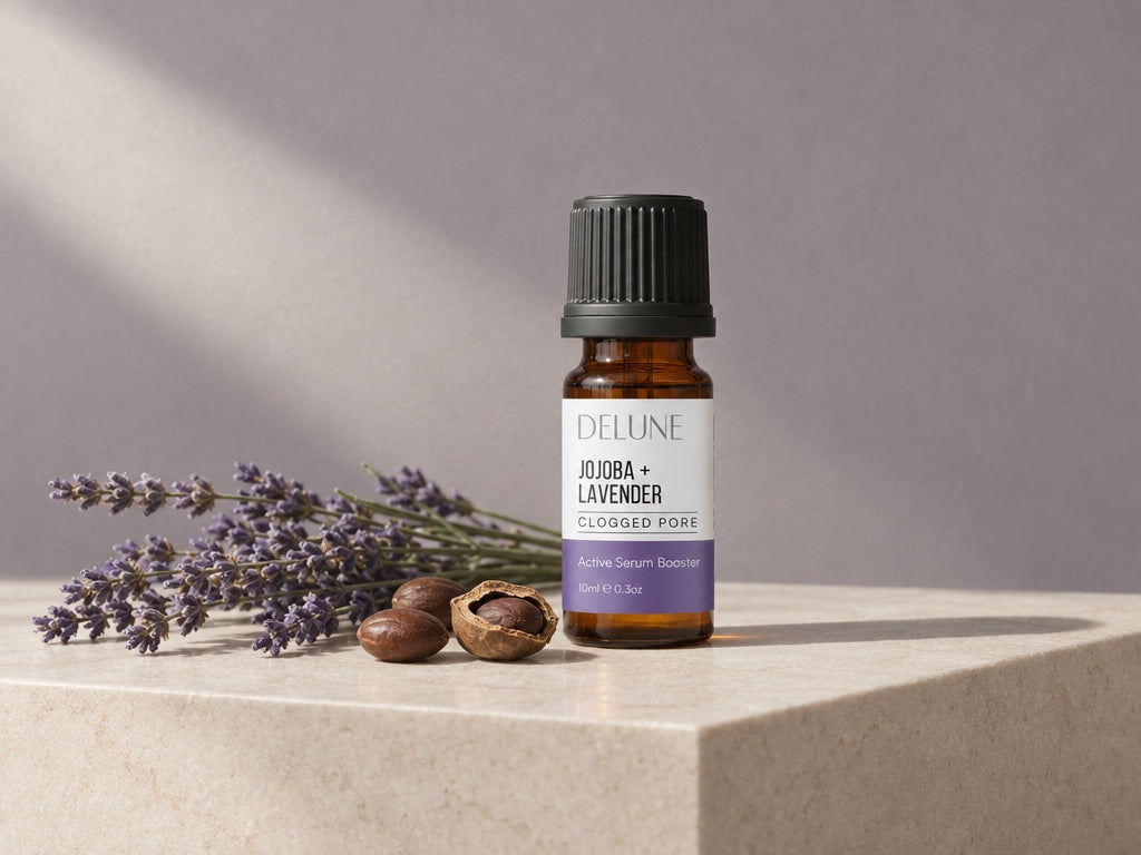 Jojoba + Lavender Active Serum Booster on travertine with lavender and jojoba seeds