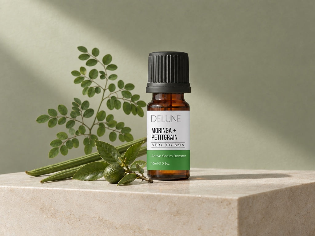 Moringa + Petitgrain Active Serum Booster on travertine with moringa leaves, pods and bitter orange twig