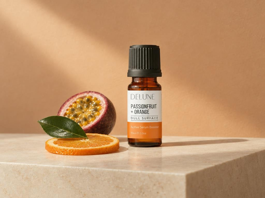 Passionfruit + Orange Active Serum Booster on travertine with passionfruit and orange slice