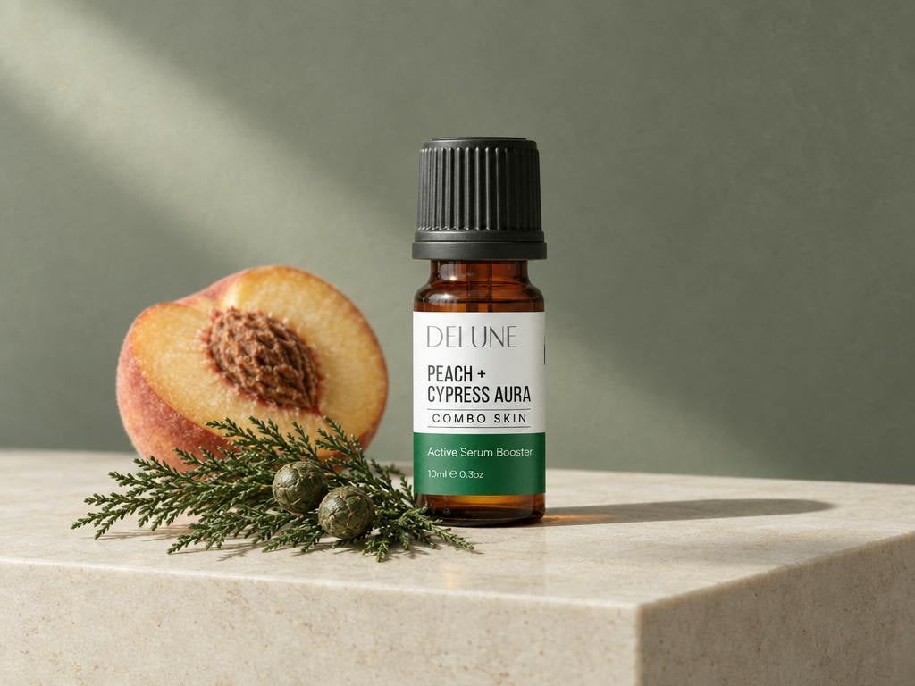 Peach + Cypress Aura Active Serum Booster on travertine with halved peach and cypress
