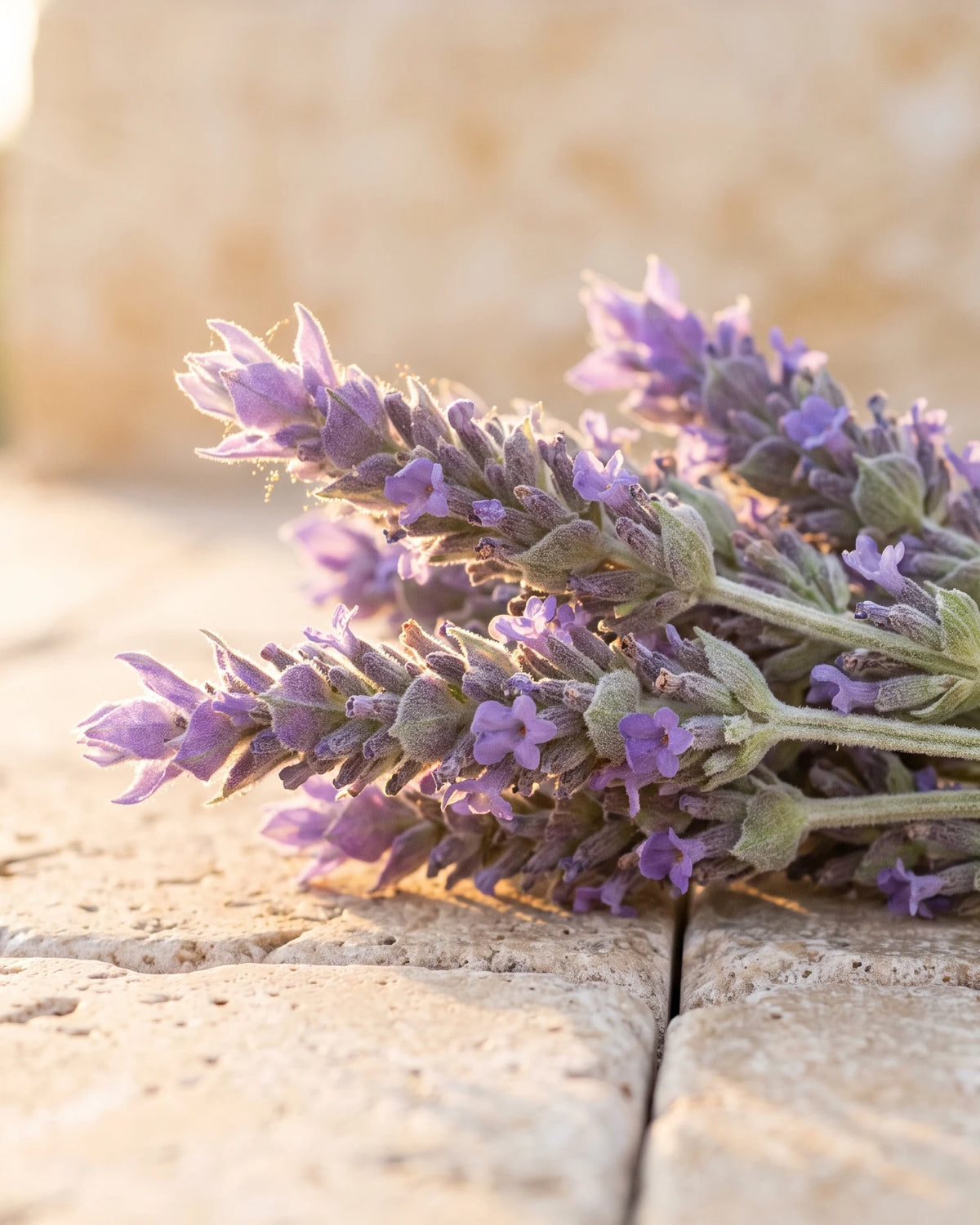 Lavender essential oil UAE – Delune Dubai: freshly cut lavender in bloom resting on warm travertine