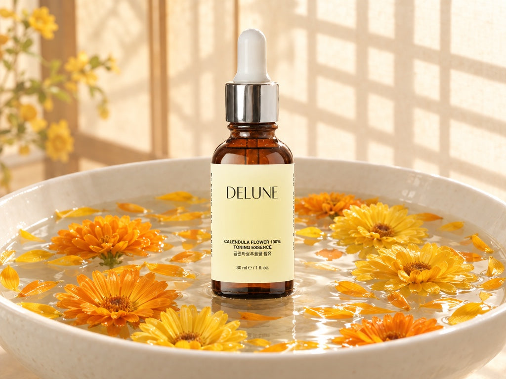 Delune Calendula Flower 100% Toning Essence in a porcelain basin of floating calendula flowers