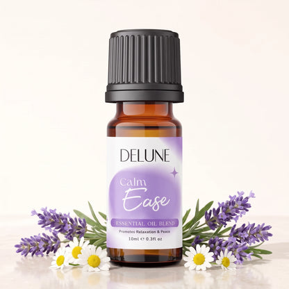 Essential oil blend UAE – Delune Dubai Calm Ease Essential Oil Blend 10ml amber glass bottle with fresh lavender and