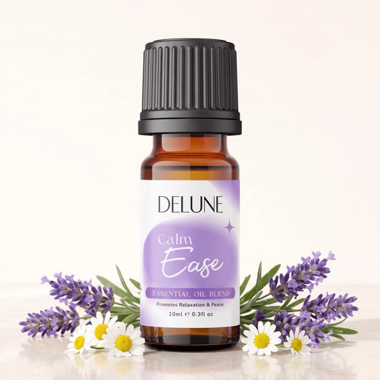 Essential oil blend UAE – Delune Dubai Calm Ease Essential Oil Blend 10ml amber glass bottle with fresh lavender and