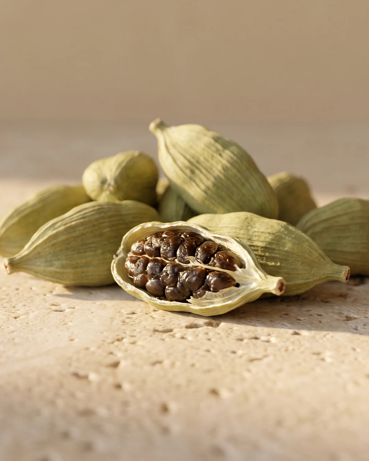Green cardamom pods with one split open to reveal its seeds — the warm, sweet spice scent of Delune Cardamom Pure Essential Oil