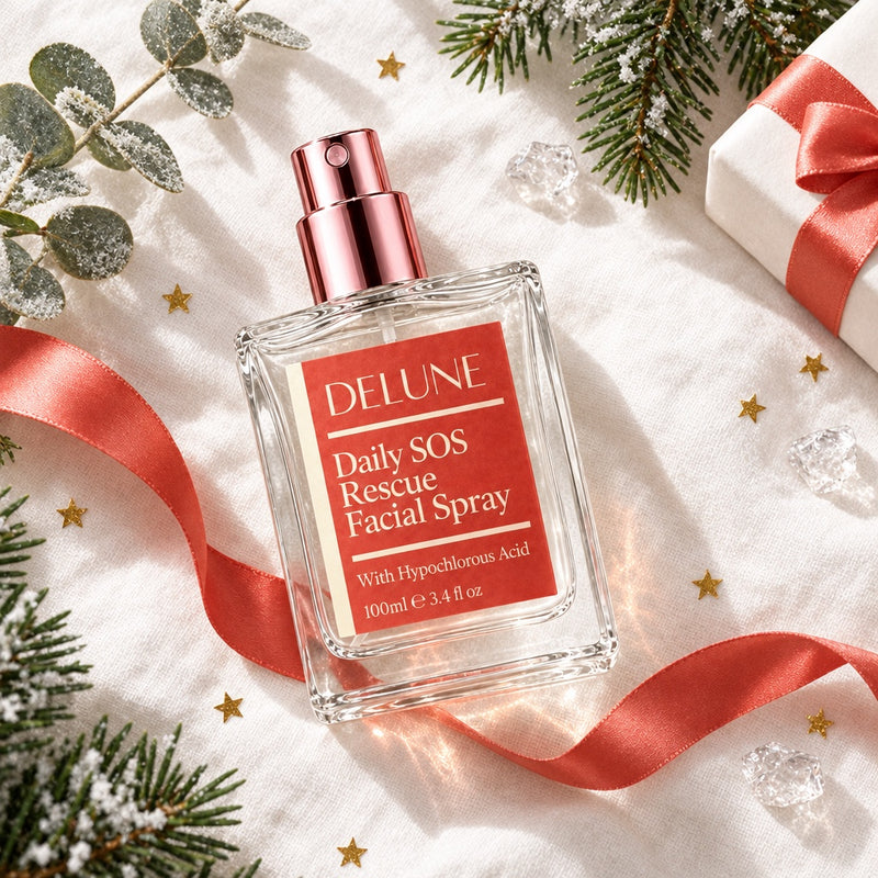Daily SOS Rescue Facial Spray flat lay on white linen with frosted eucalyptus and coral ribbon