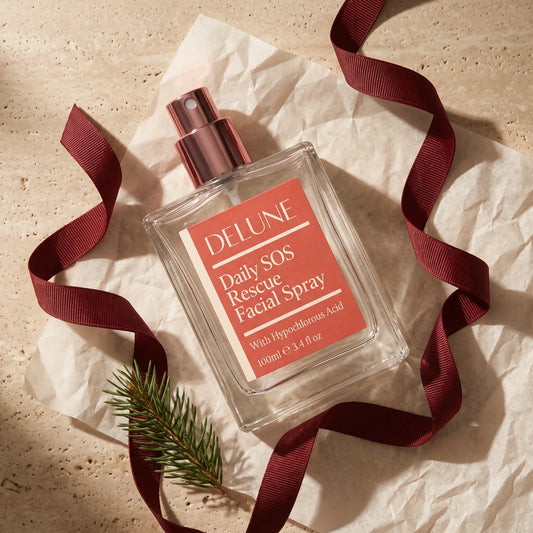 Daily SOS Rescue Facial Spray lying on tissue paper with a curling oxblood ribbon and a sprig of pine