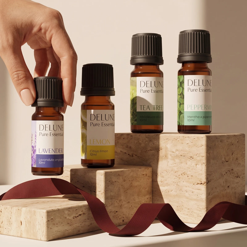 A hand picking up the Lavender bottle from the Delune Essential Starters set on travertine blocks with oxblood ribbon