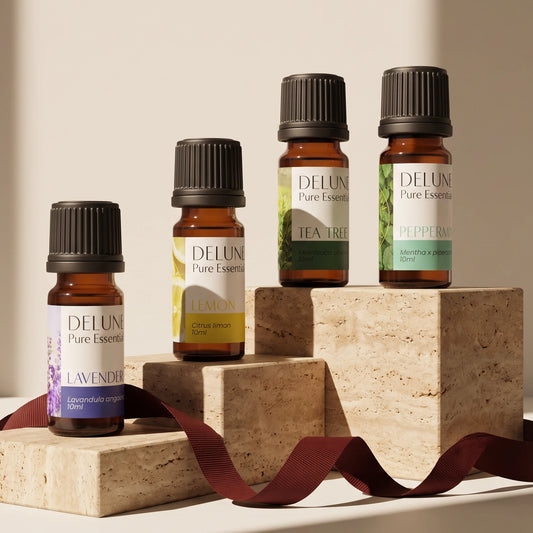 Essential Starters Lavender, Lemon, Tea Tree and Peppermint oils on stepped travertine blocks with an oxblood ribbon