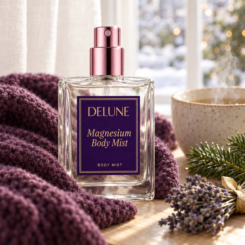 Magnesium Body Mist close-up in a plum knit throw with tea and lavender on a snowy morning