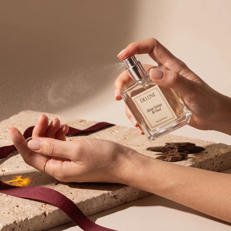 A hand spritzing Delune Rose Velvet & Oud Eau de Parfum onto a wrist on warm travertine