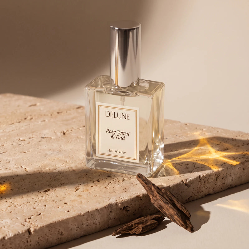 Rose Velvet & Oud Eau de Parfum on travertine with pieces of oud wood and golden light through the glass