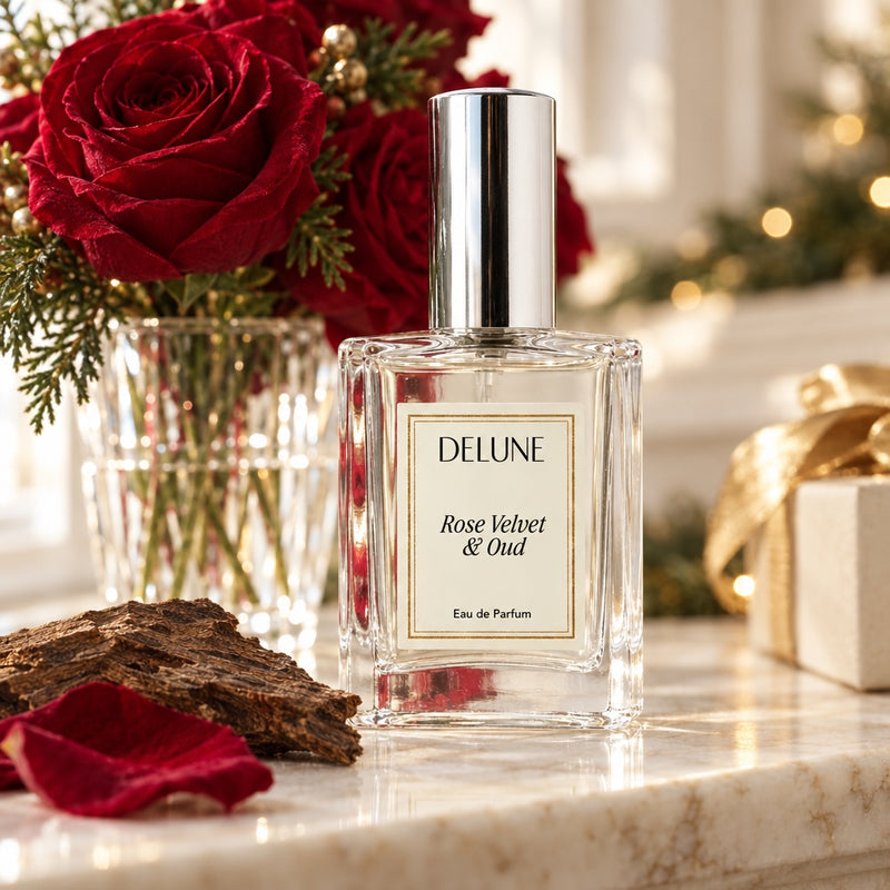 Rose Velvet & Oud Eau de Parfum close-up on a marble mantel with red roses and oud wood in winter daylight