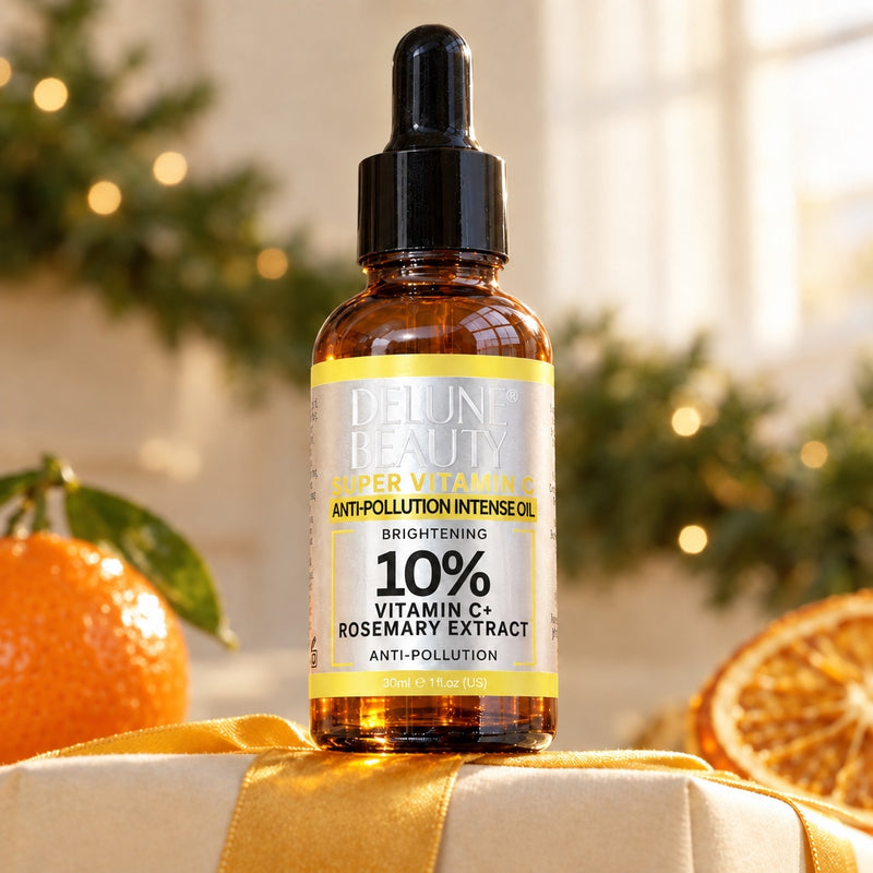 Super Vitamin C Brightening Oil on a gold-ribboned gift with clementines in morning sunlight