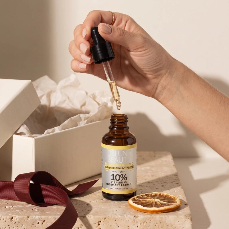 A hand lifting the dropper from Delune Super Vitamin C Brightening Oil, a golden drop falling, in a Christmas gift setting on travertine