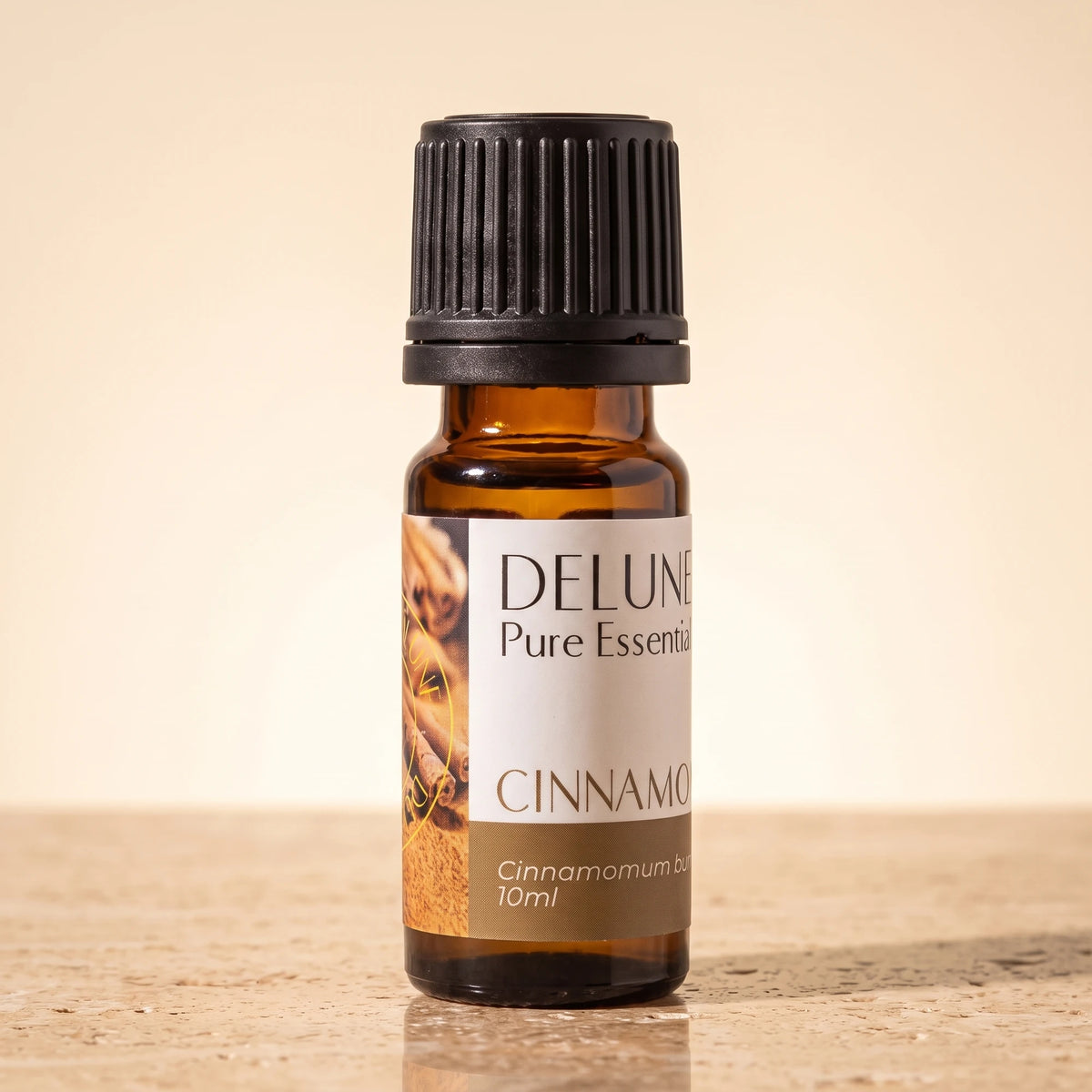Cinnamon essential oil UAE – Delune Dubai Cinnamon Pure Essential Oil, 10ml amber glass bottle on warm travertine stone