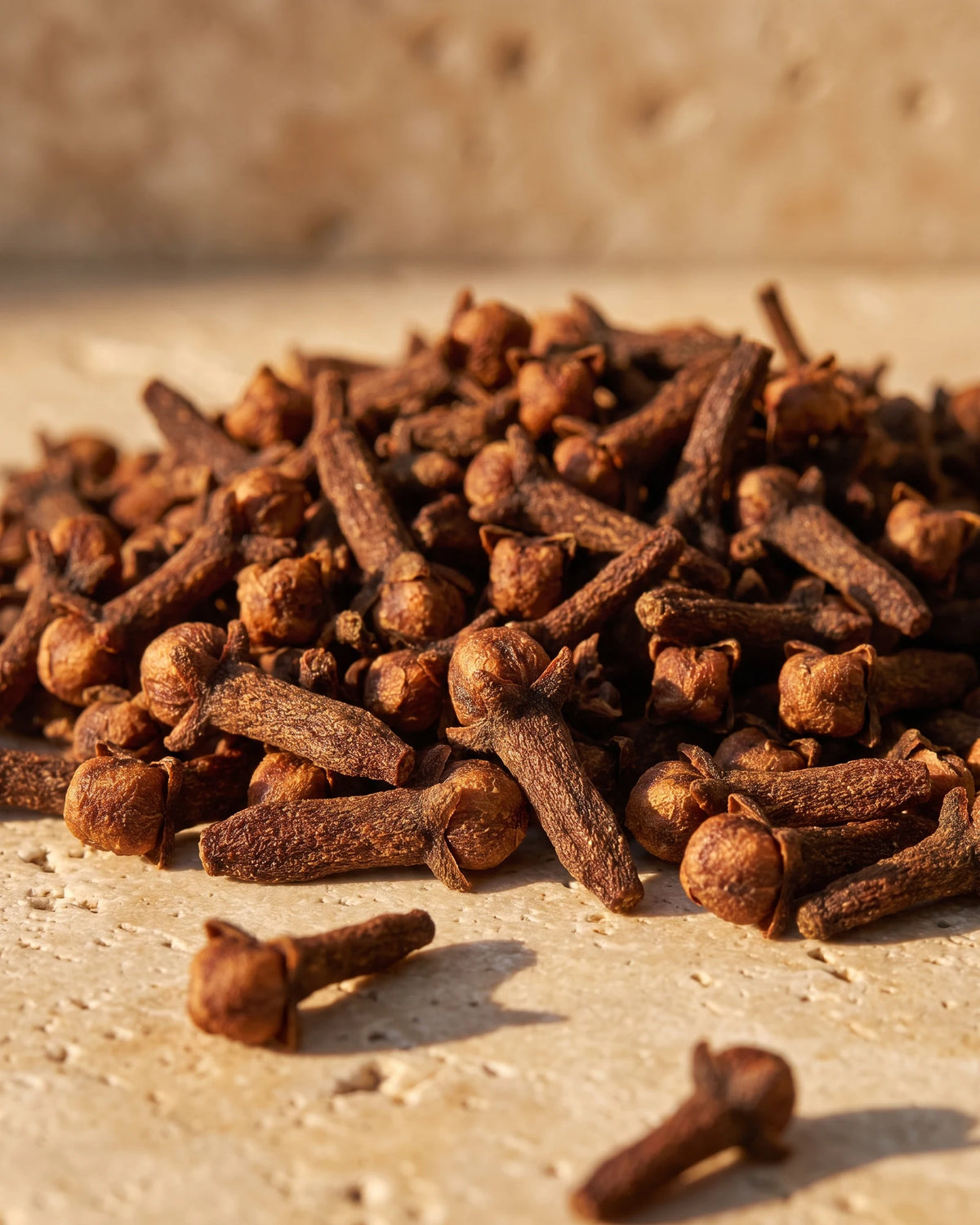Clove essential oil UAE – Delune Dubai: a heap of whole dried clove buds in raking warm light on travertine