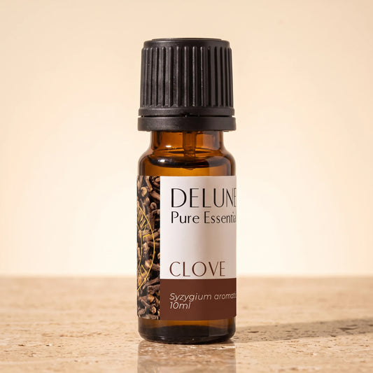 Delune Clove Pure Essential Oil, 10ml amber glass bottle on warm travertine stone
