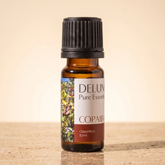 Delune Copaiba Pure Essential Oil, 10ml amber glass bottle on warm travertine stone