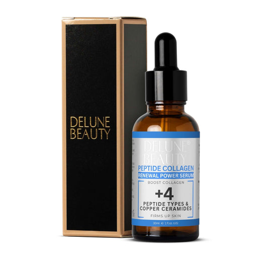 Delune Beauty Copper Ceramides Peptide Renewal Power Serum bottle with packaging, enhances skin vitality, firms and smooths appearance.