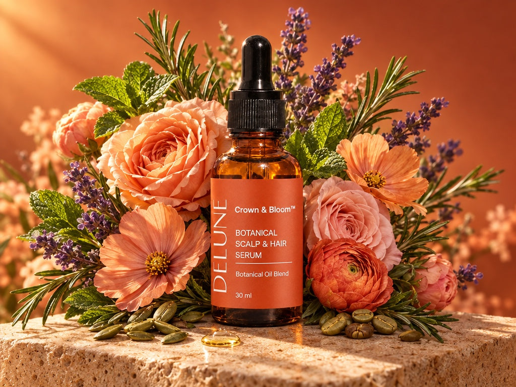 Delune Crown & Bloom Botanical Scalp & Hair Serum crowned with rosemary, mint, lavender and peach blooms