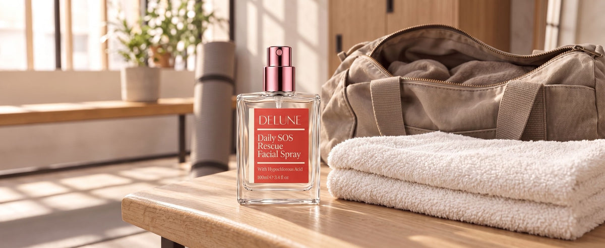 Delune Daily SOS Rescue Facial Spray on a sunlit bathroom shelf