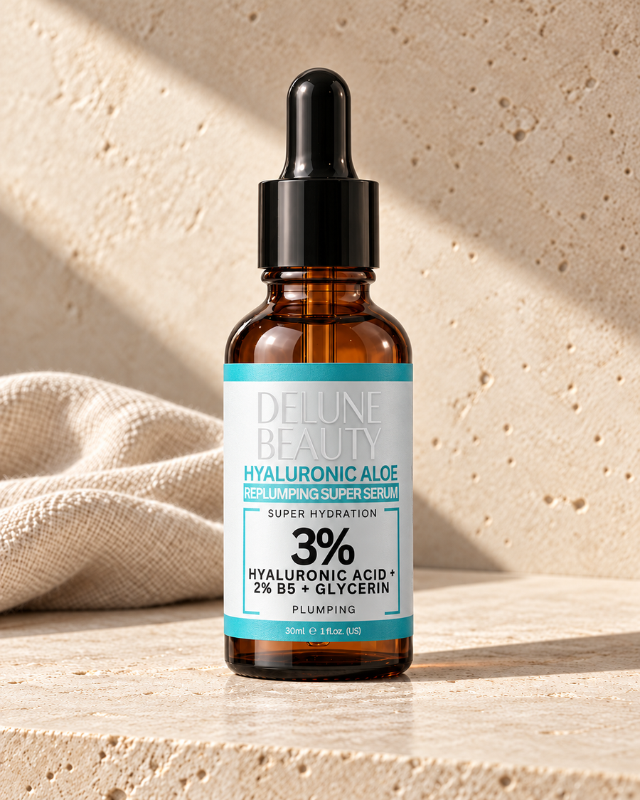 Delune Hyaluronic Aloe B5 Serum on limestone with bone linen in warm directional sunlight