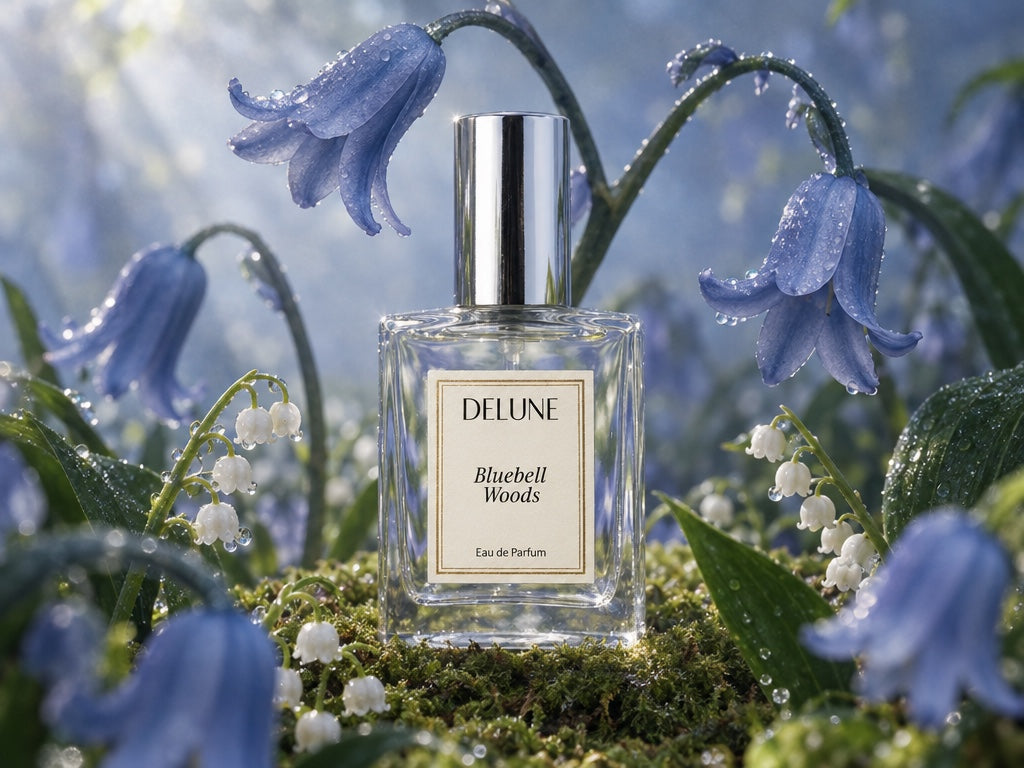 Delune Bluebell Woods Eau de Parfum on moss among bluebells and lily of the valley